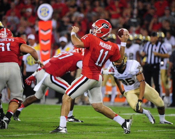 ATHENS, GA - SEPTEMBER 22: Aaron Murray #11 of the Georgia Bulldogs passes against the Vanderbilt Commodores at Sanford Stadium on September 22, 2012 in Athens, Georgia. (Photo by Scott Cunningham/Getty Images)