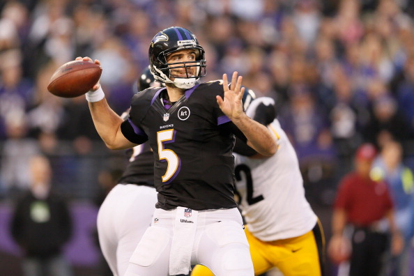 BALTIMORE, MD - DECEMBER 02:  Quarterback Joe Flacco #5 of the Baltimore Ravens drops back to pass against the Pittsburgh Steelers during the first half at M&T Bank Stadium on December 2, 2012 in Baltimore, Maryland.  (Photo by Rob Carr/Getty Images)