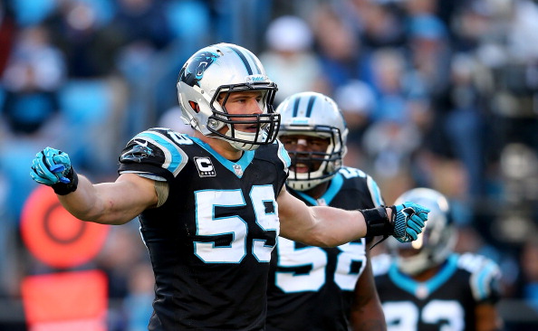 Luke Kuechly #59 of the Carolina Panthers during their game at Bank of America Stadium on December 1, 2013 in Charlotte, North Carolina.  (Photo by Streeter Lecka/Getty Images)