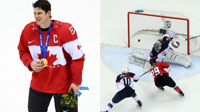 Left: Sidney Crosby (Photo by Streeter Lecka/Getty Images) Right: Marie-Philip Poulin scores. (Photo by Bruce Bennett/Getty Images)